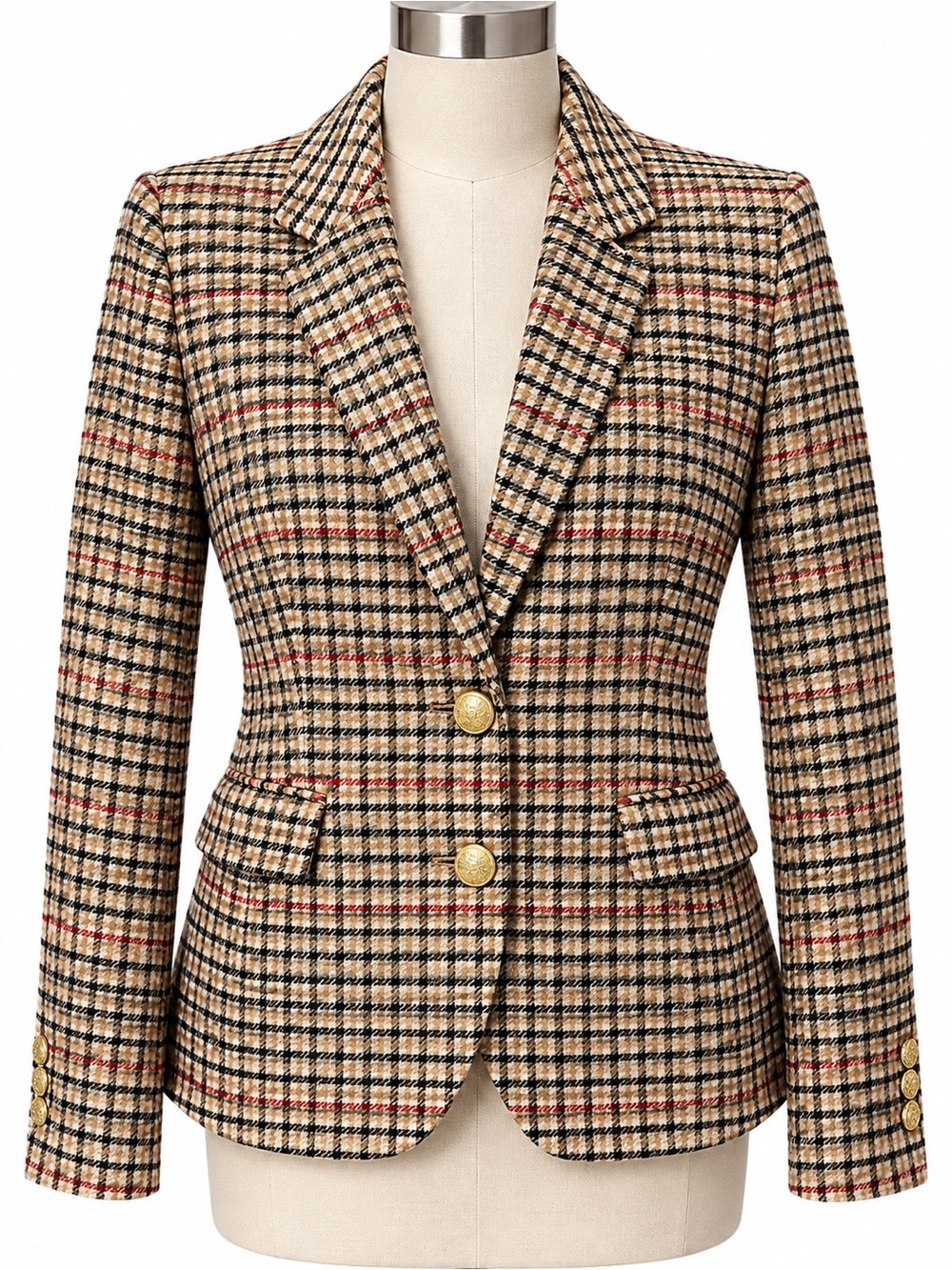 J. Crew Beige Plaid Wool-Blend Tailored Blazer with Gold Buttons
